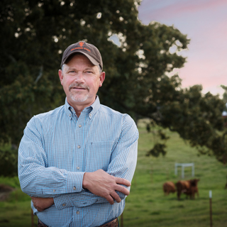 Cy Shurtleff, DVM standing in front of a grassy field with cattle during dusk in Morrilton, AR